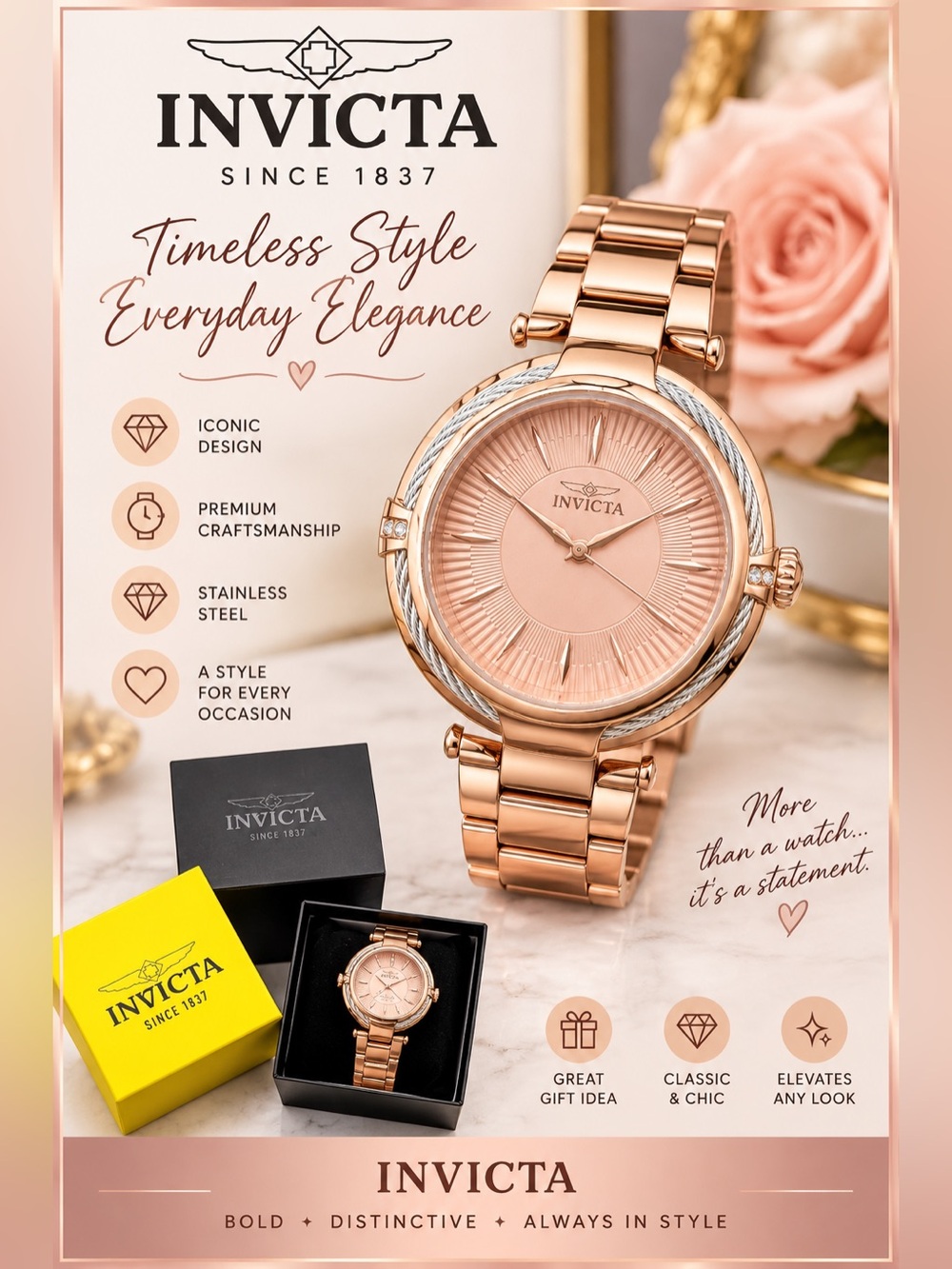 Invicta NWT Women’s Quartz Rose Gold Tone Watch with Crystal Accents
